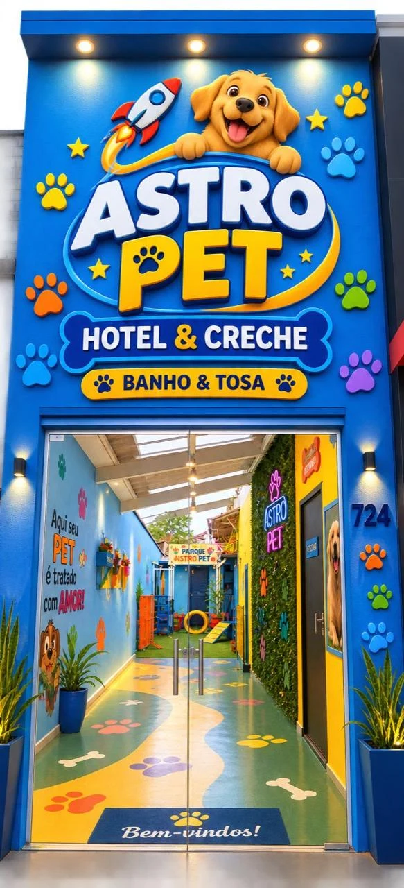 Entrada azul do hotel e creche AstroPet